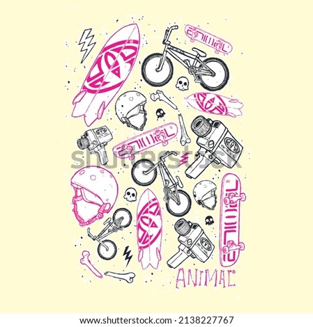 bike skateboard vector drawing pattern designed for t-shirt on white background.eps