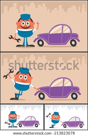 Auto Mechanic: Cartoon illustration of auto mechanic in 4 versions. No transparency and gradients used. 