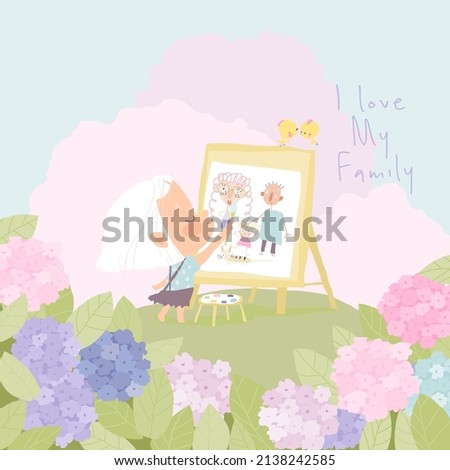 Cartoon Little Girl painting Portrait of Family on Flower Meadow