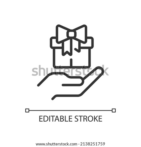 Free gift pixel perfect linear icon. Attracting potential customers. Marketing tactic. Promo products. Thin line illustration. Contour symbol. Vector outline drawing. Editable stroke. Arial font used