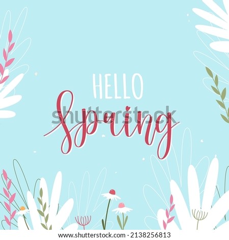 Hello spring. Blue banner with white and pink flowers and twigs. Flat isolated flowers and plants.