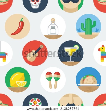 Colorful seamless pattern of circular Mexico related icons.