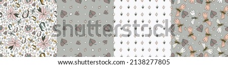 Modern floral pattern, large flowers and butterflies and small specks. Seamless pattern set 4 variants
Modern design for paper, cover, fabric, decor, print. Pastel beige background