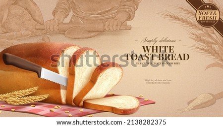 White toast bread ad. 3D Illustration of a realistic loaf of white bread sliced with a bread knife on plaid red gingham tablecloth on engraved background of bread making scene Royalty-Free Stock Photo #2138282375