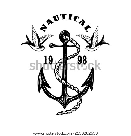 Vintage anchor with swallows. Design element for emblem, sign, badge, logo. Vector illustration