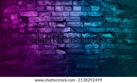 Toned purple magenta blue green teal brick wall surface. Neon effect. Colorful rough background with space for design. Dark. Grunge backdrop.