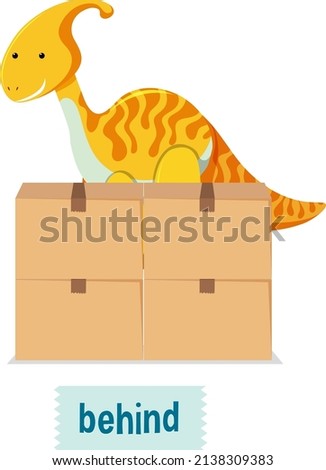 Preposition of place with cartoon dinosaur and boxes illustration