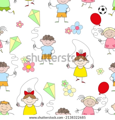 Seamless pattern with happy boys and girls playing games on a white background