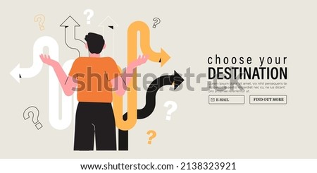 Business decision making, career path, work direction or choose the right way to success concept, confusing man or student looking at crossroad sign with question mark and think which way to go.
