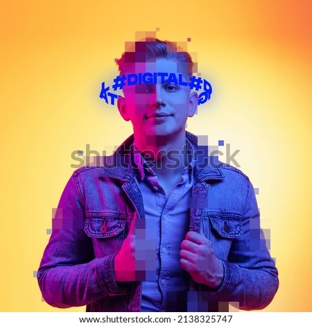Contemporary artwork. Young stylish man with pixel body elements and neon lettering around head isolated over yellow background. Concept of digitalization, artificial intelligence, technology era