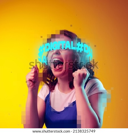 Young emotive girl with neon lettering around pixel head isolated over yellow background in neon light. Concept of digitalization, artificial intelligence, technology era, cyber lifestyle