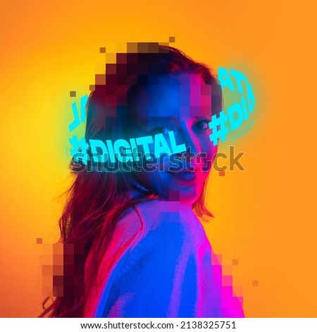 Contemporary art. Young girl with neon lettering around head with pixel body elements isolated over yellow background in neon. Concept of digitalization, artificial intelligence, technology era