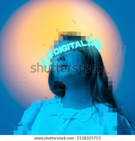 Contemporary art. Young girl with with pixel body elements neon and lettering around head isolated over blue background. Concept of digitalization, artificial intelligence, technology era, IT