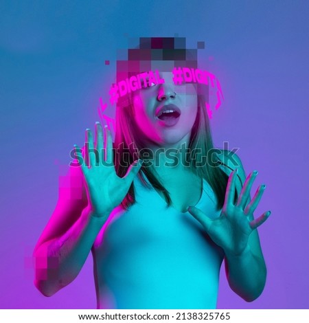 Contemporray artwork. Young emotive girl with neon lettering around pixel head isolated over purple background in pink neon light. Concept of digitalization, artificial intelligence, technology era