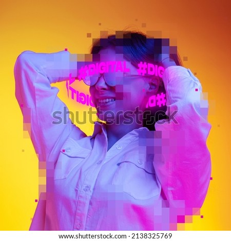 Contemporary design. Young stylish girl with neon lettering around head with pixel elements isolated over yellow background in neon. Concept of digitalization, artificial intelligence, technology era