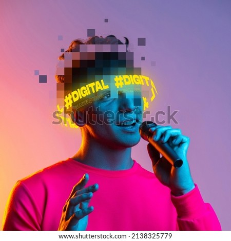 Contemporary art. Young man with pixel head elements singing in microphone isolated on gradient purple background. Concept of digitalization, artificial intelligence, technology era, digital lifestyle