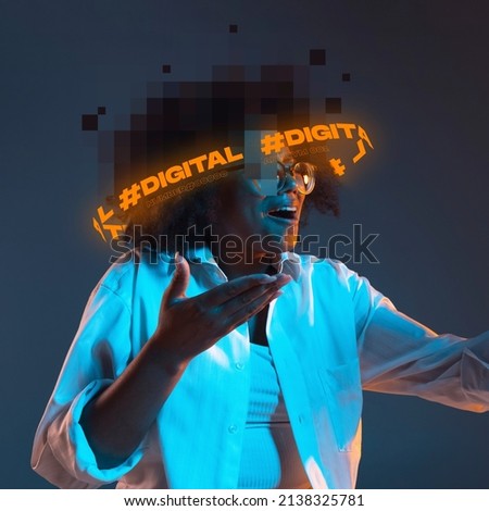 Contemporary artwork. African young woman with deigital neon lettering around pixel head isolated over dark background. Concept of digitalization, artificial intelligence, technology era, cyber life