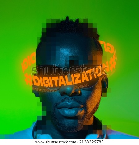 Contemporay artwork. African man with pixel parts in stylish sunglasses with neon lettering around head isolated on green background. Concept of digitalization, artificial intelligence, technology era