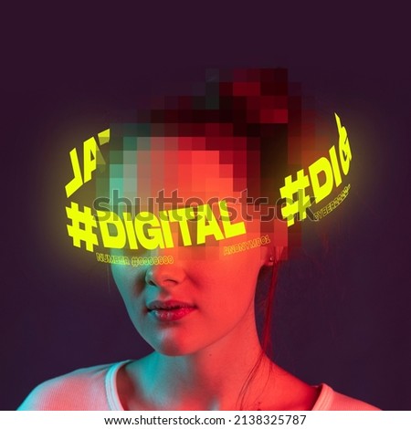 Contemporary art collage. Young woman with half pixel head surrounded by neon digital lettering isolated over dark purple background. Concept of digitalization, artificial intelligence, technology era