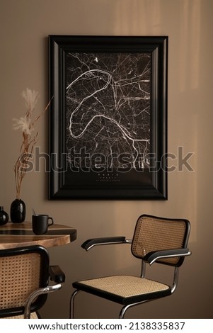 Creative composition of dining room interior design with wooden table, chair, cups, black mock up poster map and elegant accessories in home decor. Template