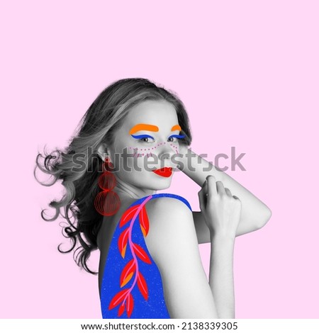 Inspiration, idea, magazine style, fashion and style. Contemporary artwork. Young stylish girl with digital bright drawings on her face, head and body isolated over pink background