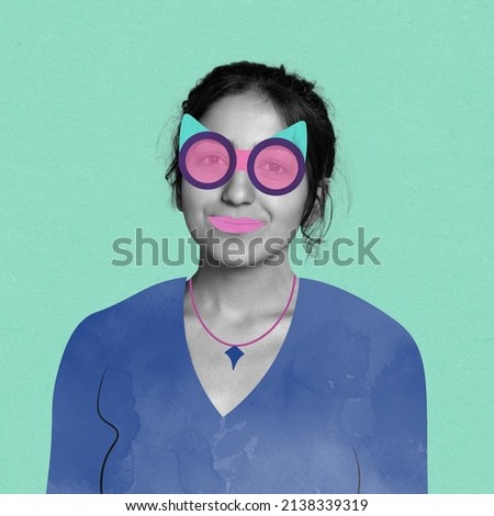 Contemporary artwork. Young woman with funny acessories, makeup and cloth drawings isolated over mint background. Modern design. Inspiration, idea, magazine style, fashion and style.