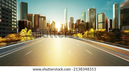Highway overpass motion blur with city background Royalty-Free Stock Photo #2138348311