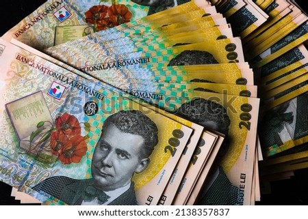 Stack of LEI Romanian money. RON Leu Money European Currency Royalty-Free Stock Photo #2138357837