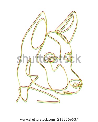 abstract one line art drawing of a dog in red, yellow and green on a white background