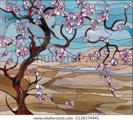 Stained glass style illustration of single sakura tree with pink, purple flowers and brown trunk and branches on background of calm hills and blue sky. Also perfect for art print for the interior.