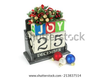Christmas calendar with 25th December on wooden blocks 