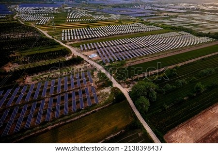 Aerial photo of solar photovoltaic outdoors at sunset