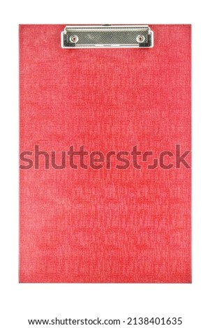 Red empty clipboard isolated on white. Top view