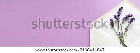Lavender flowers in a letter envelope on a light lilac background. Flat layout. Banner Format
