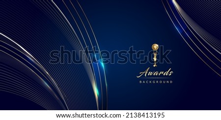 Dark Blue Golden Royal Awards Graphics Background. Lines Corner Curve Elegant Shine Modern Template. Luxury Premium Corporate Abstract Design Template. Classic Shape Post. Center LED Screen Visual.  Royalty-Free Stock Photo #2138413195
