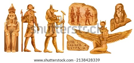 Egypt stone statue set, vector ancient rock ruin, pharaoh clay figurine, Egyptian gods silhouette, Osiris. Old civilization archaeology monument, temple object on white. Egypt tomb statue collection Royalty-Free Stock Photo #2138428339