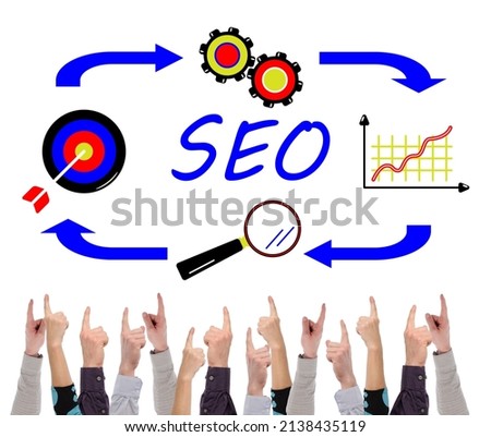 Seo concept on white background pointed by several fingers