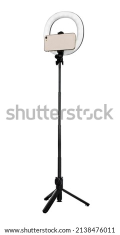 Selfie ring lamp with tripod isolated on white background