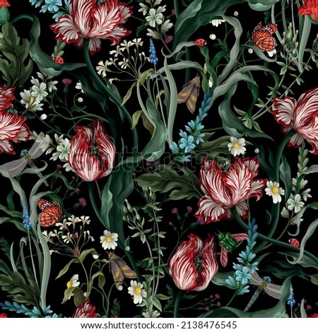 Seamless pattern with vintage tulips. Classic vector wallpaper