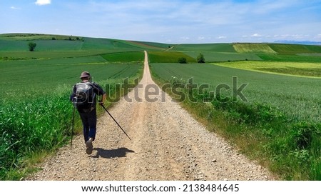 A dear friend on the Camino de Santiago. That day, overwhelmed by a wonderful energy, he begins to dance on the path. Royalty-Free Stock Photo #2138484645