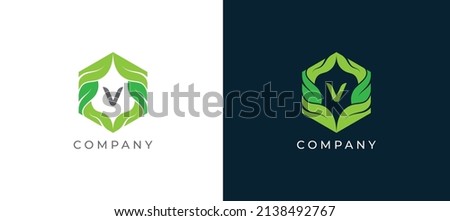 Hexagon Leaf Logo sign icon symbol Design with Letter V. Vector illustration logo template