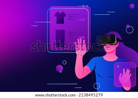Shopping in Virtual Reality. Woman in Goggles Purchasing Online. Metaverse Vector illustration