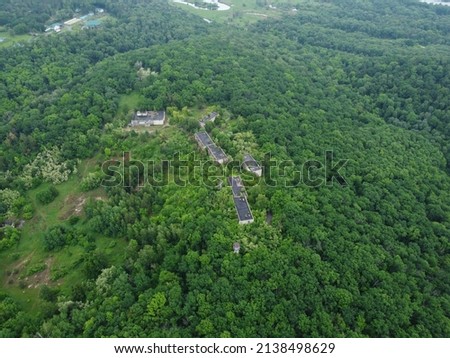 Buildings in a stream of green trees. Summer and many trees
