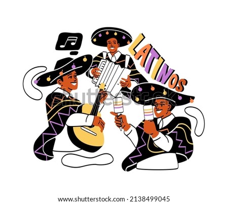 Portrait of music band concept. Popular musicians in ponchos and sombreros perform song in style of Latinos. Men with maracas, accordion and guitar. Cartoon flat vector illustration in doodle style