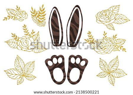 Easter elements with tiger skin print. Glitter clip art set on white