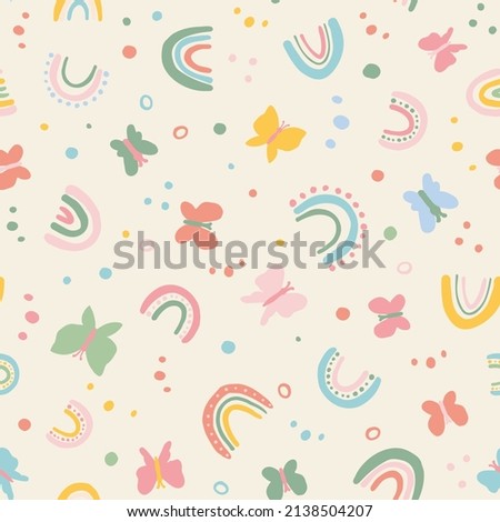 Cute rainbows with butterflies seamless repeat pattern. Random placed, vector spring drawings all over print.