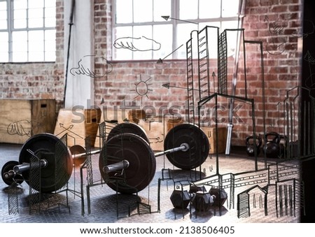 Tall buildings and clouds drawings against gym equipment at the gym. sports fitness and gym concept
