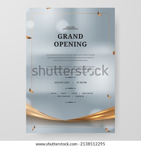 Grand opening party poster invitation. Elegant luxury with golden satin and confetti with silver background Royalty-Free Stock Photo #2138512295