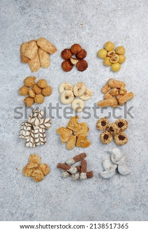 12 Assorted Indonesian specialty cookies for Christmas and Eid al-Fitr (kue lebaran) on flat lay angle
