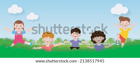 happy kids standing behind the bushes in paper cut style, horizontal banner with Happy Children’s day Template background, advertising brochure, your text, Funny cartoon isolated vector Illustration
